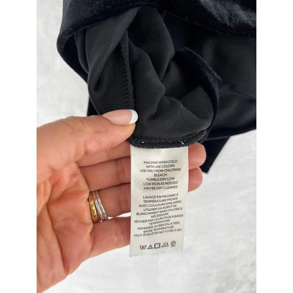 Free People Velvet Top Size L Black Smocked Puff Sleeve‎ Tie Neck Boho